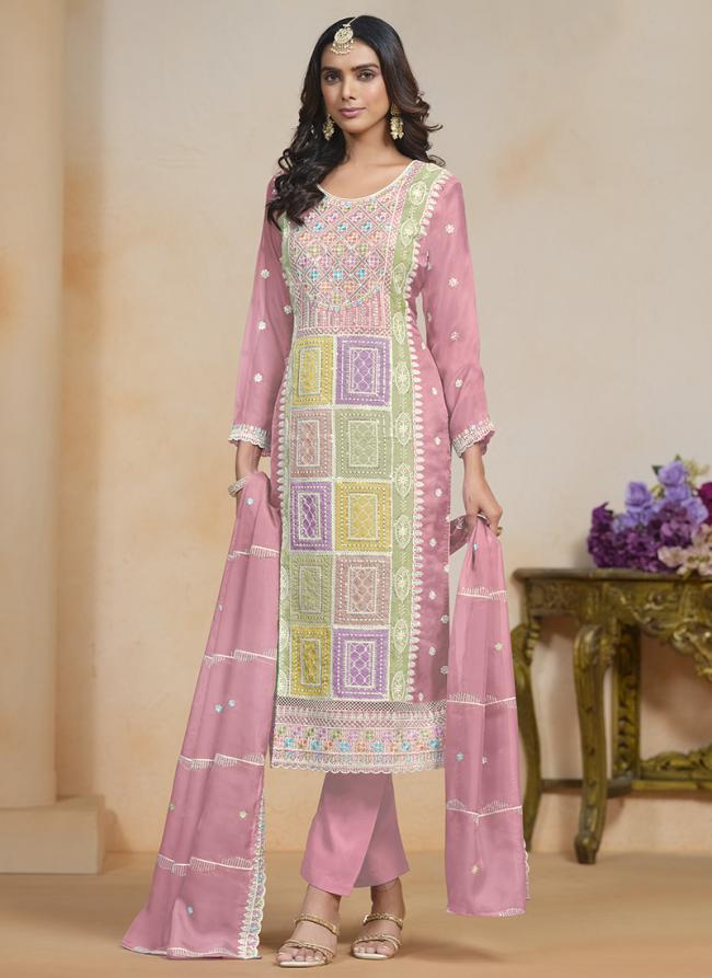 Soft Organza Pink Festival Wear Embroidery Work Straight Suit